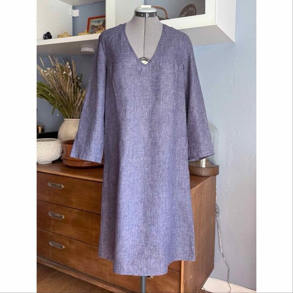 Peter Cohen Blue Cross Dyed Linen Shift Midi Dress Pockets V-Neck Size M - Picture 1 of 9